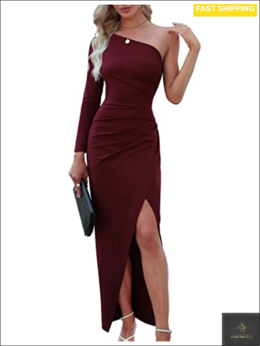 One Shoulder Long Sleeve Maxi Dress Ruched Bodycon High Slit Formal